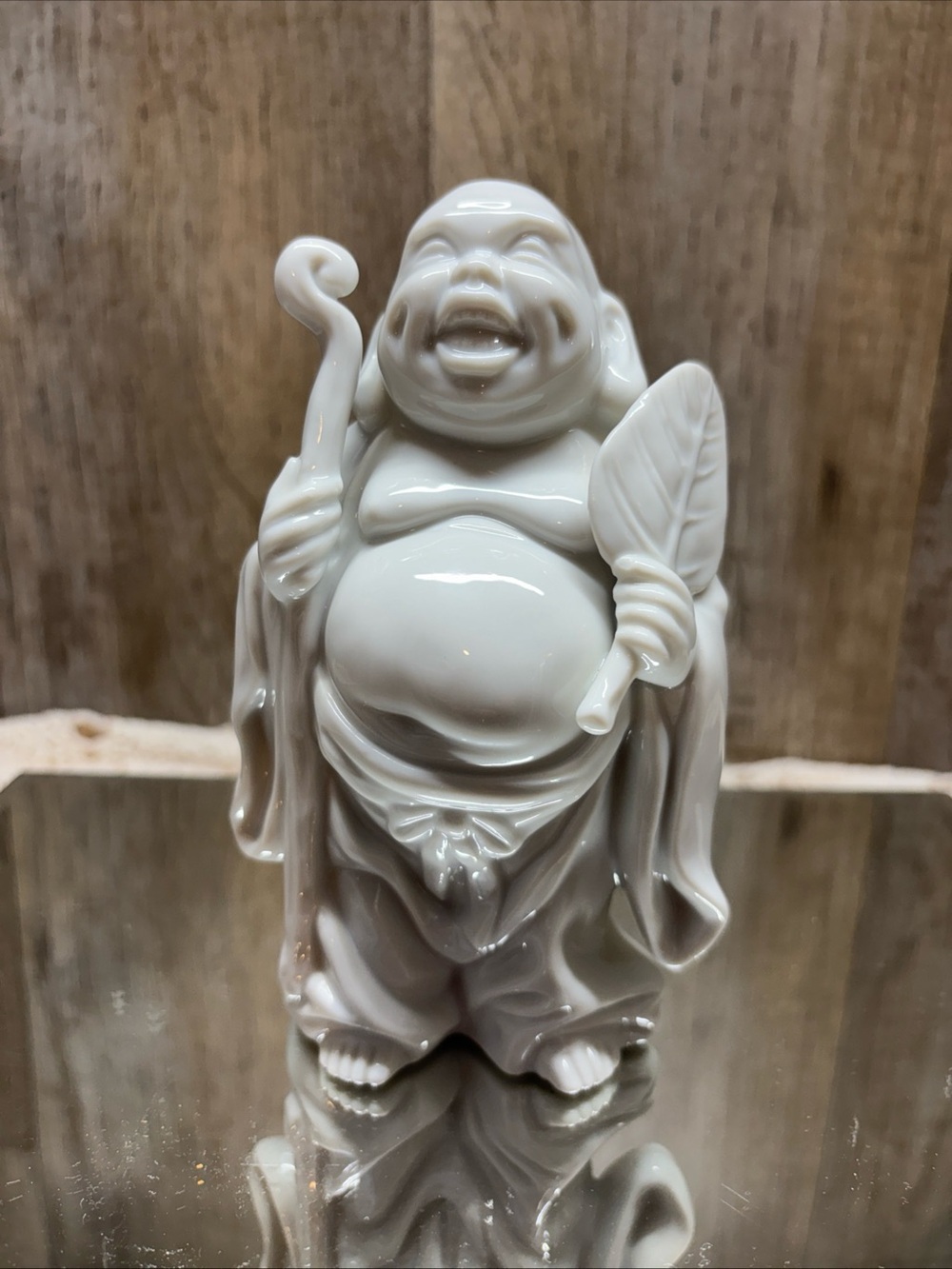Happy Traveling Buddha Ceramic Figurine Statue With Leaf and Staff 6" Japan